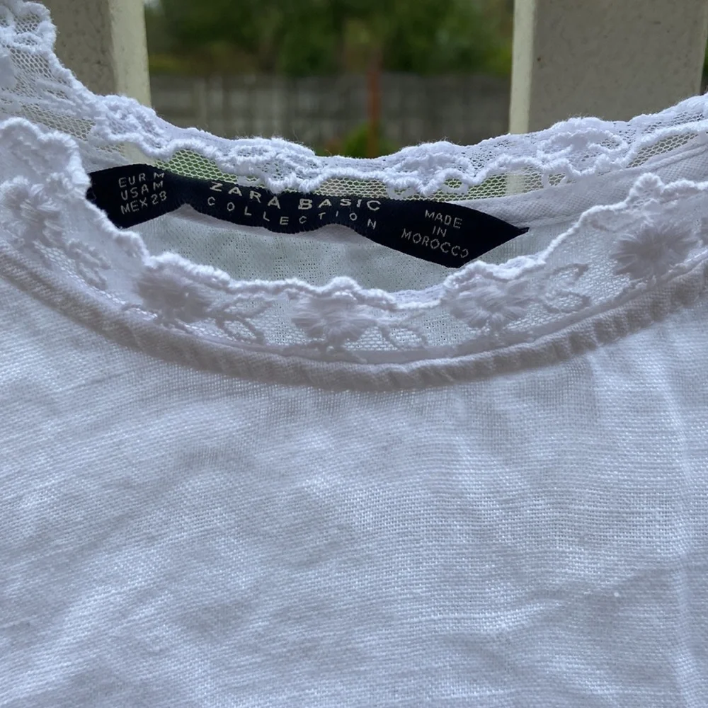 Zara Basic White Ruffles Size M, drawstring floral knit around neck and sleeves - Picture 4 of 16
